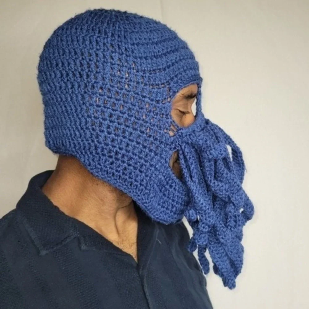 Handmade Crochet Cthulhu Balaclava Mask Blue Octopus‎ Kraken Tentacle Ski Mask
